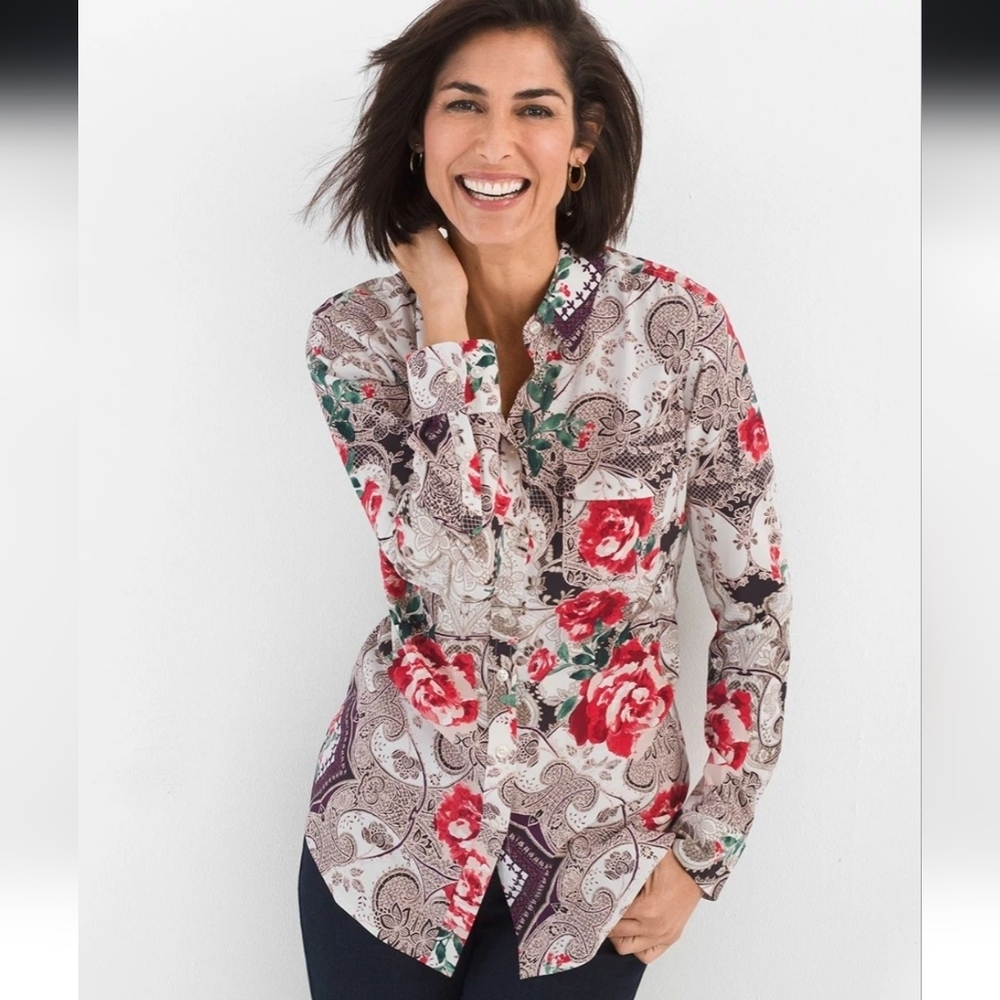 Chico's Silky Soft Paisley Floral Button Down Shirt Size Large/12